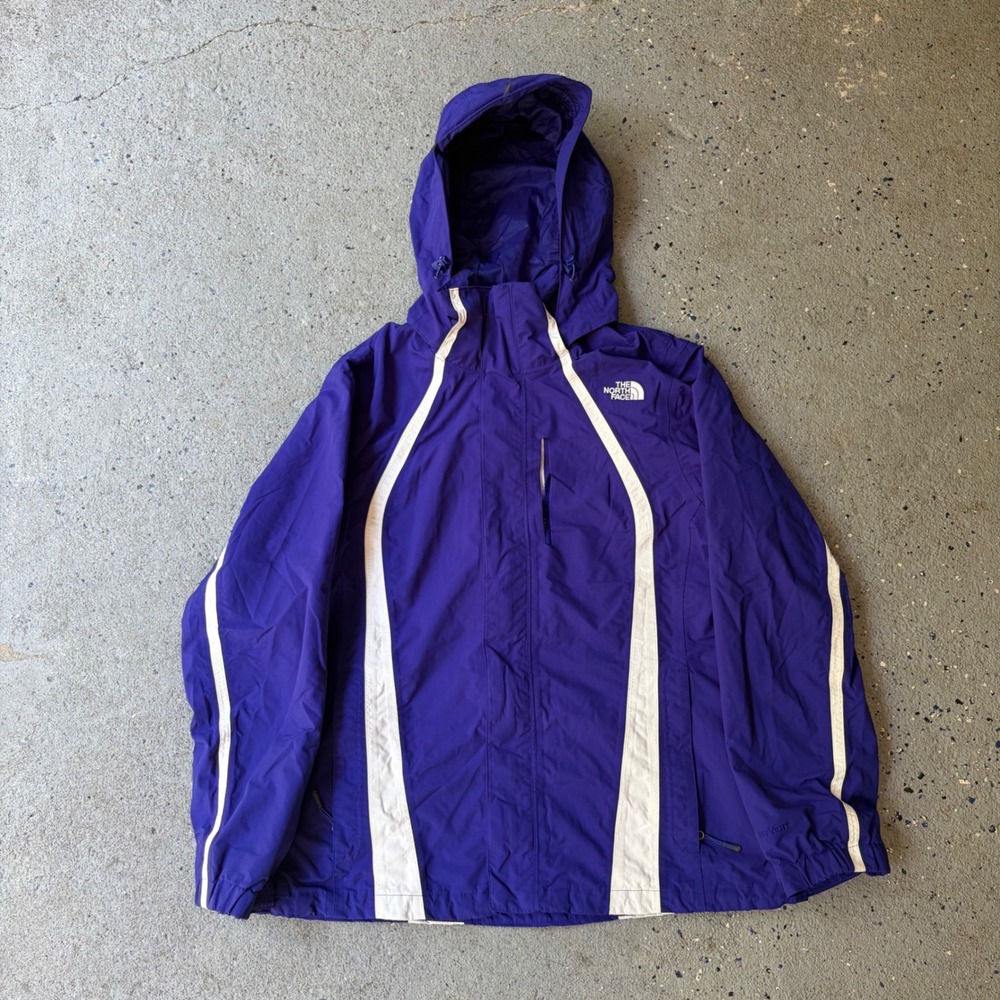 The North Face HyVent Purple White Stripe Hooded Rain Jacket Womens Large